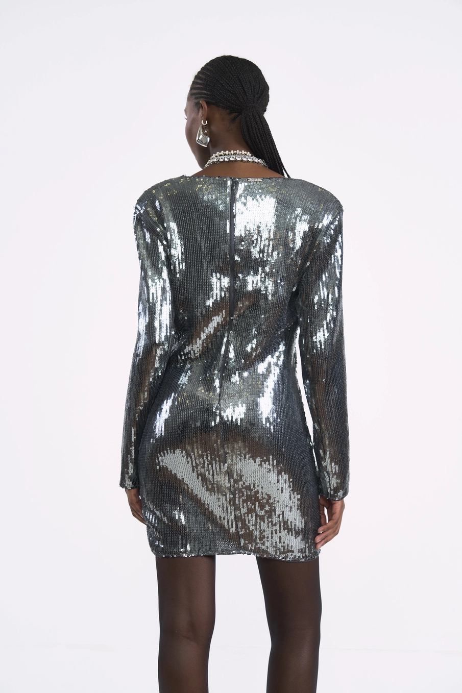 Vestido Slim Paetê Manga Longa Cinza