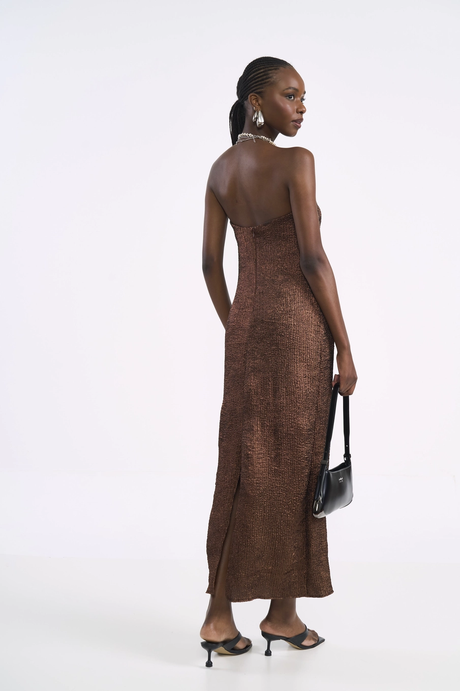 Vestido Midi Tomara Que Caia Metalizado Marrom