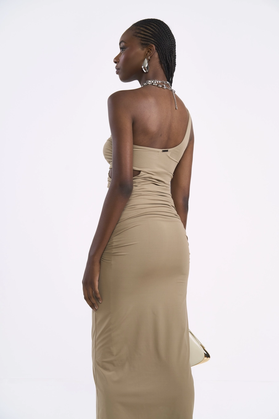 Vestido Midi Franzido Com Recortes Bege