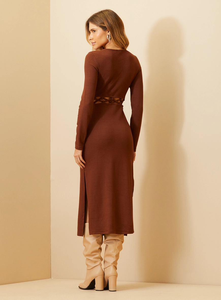 Vestido Feminino Midi Com Recorte Vazado Marrom 4