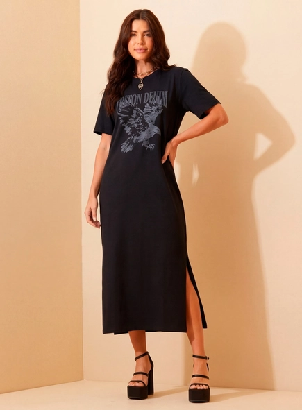 Vestido Feminino Midi Com Estampa Frontal