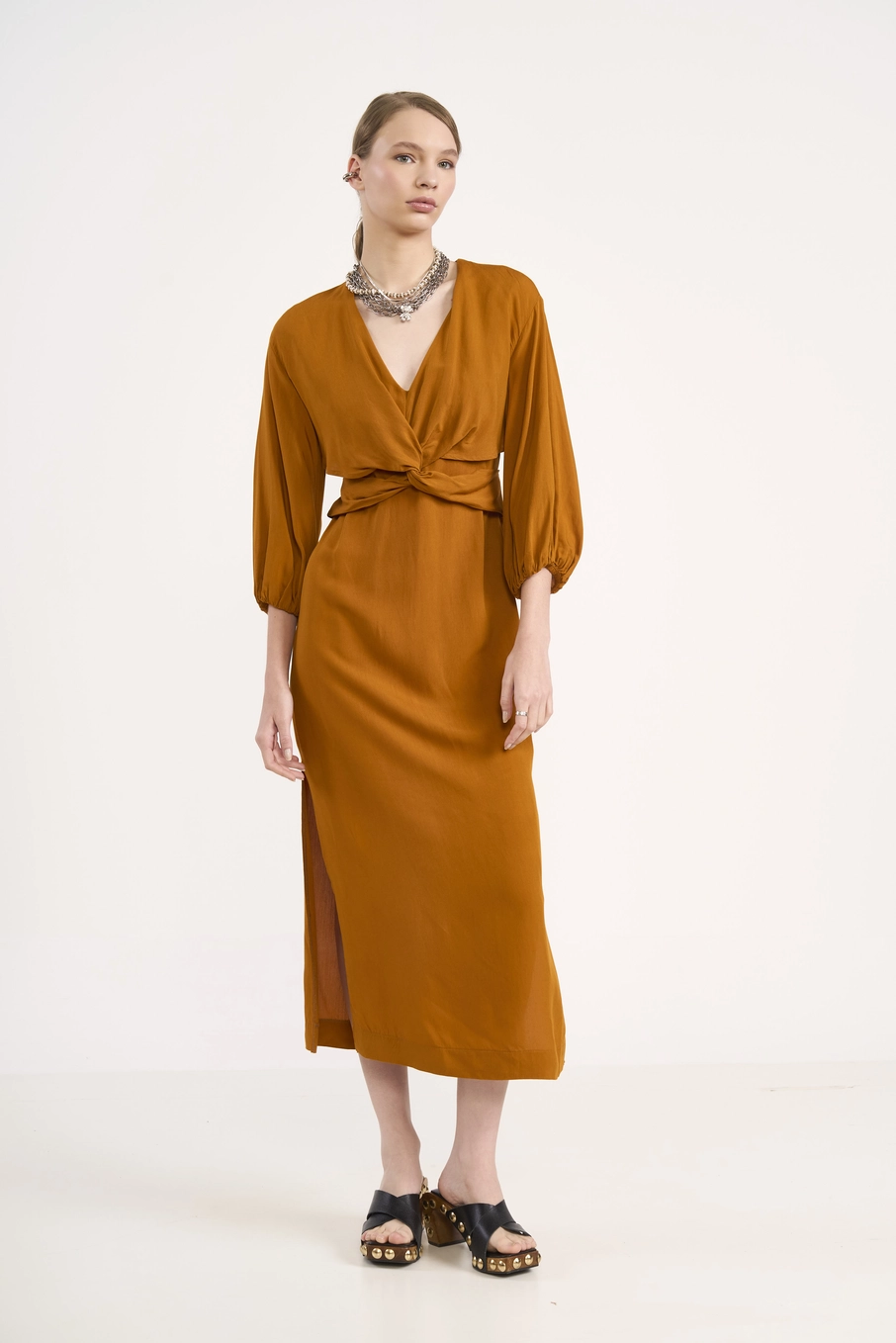 Vestido Midi Aura Com Nó Amarelo Pumpkin