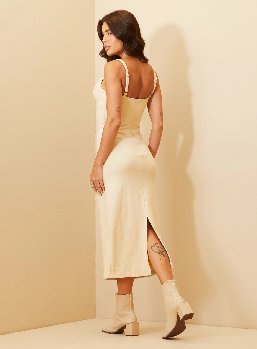 Vestido Feminino Midi Com Alças Finas Bege 5