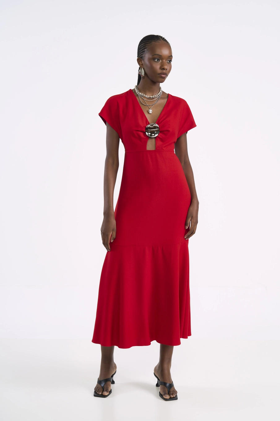 Vestido Midi Com Fivela Central Vermelho