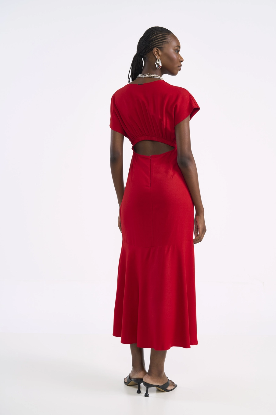 Vestido Midi Com Fivela Central Vermelho