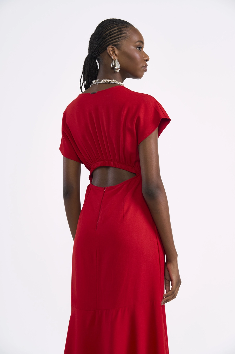 Vestido Midi Com Fivela Central Vermelho