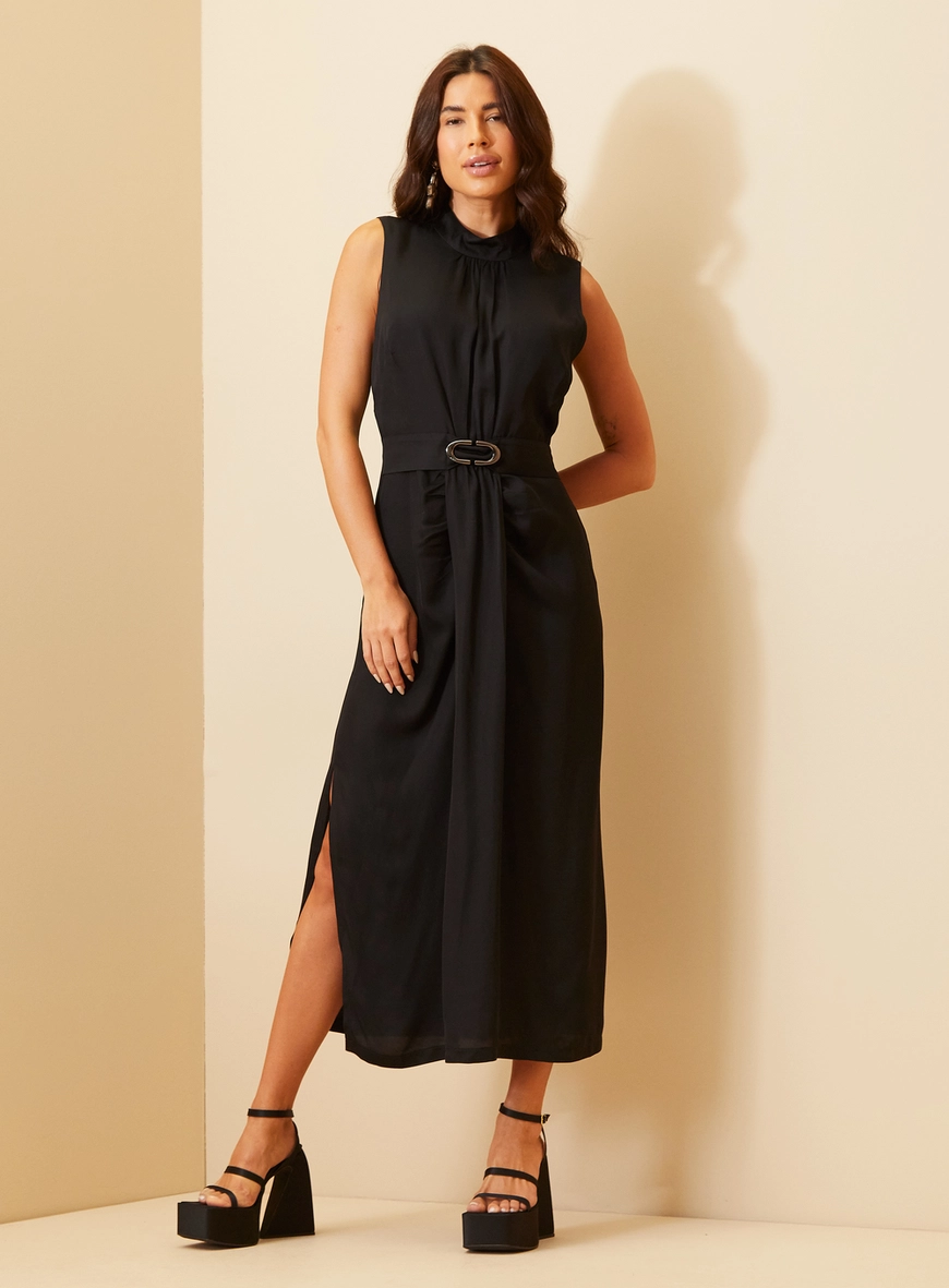 Vestido Midi Gola Alta Sem Manga Preto 2