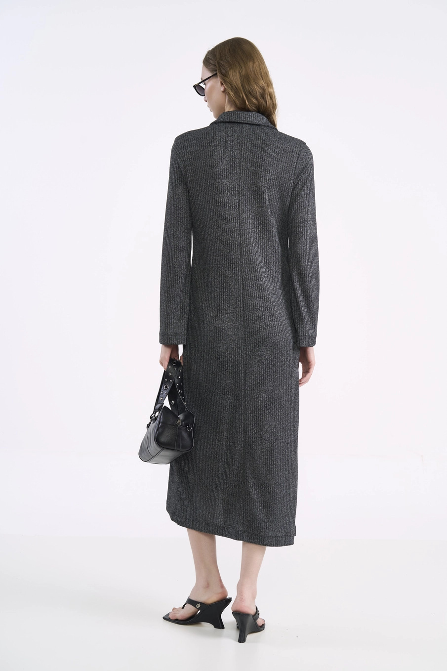 Vestido Midi Chemisier Canelado Preto