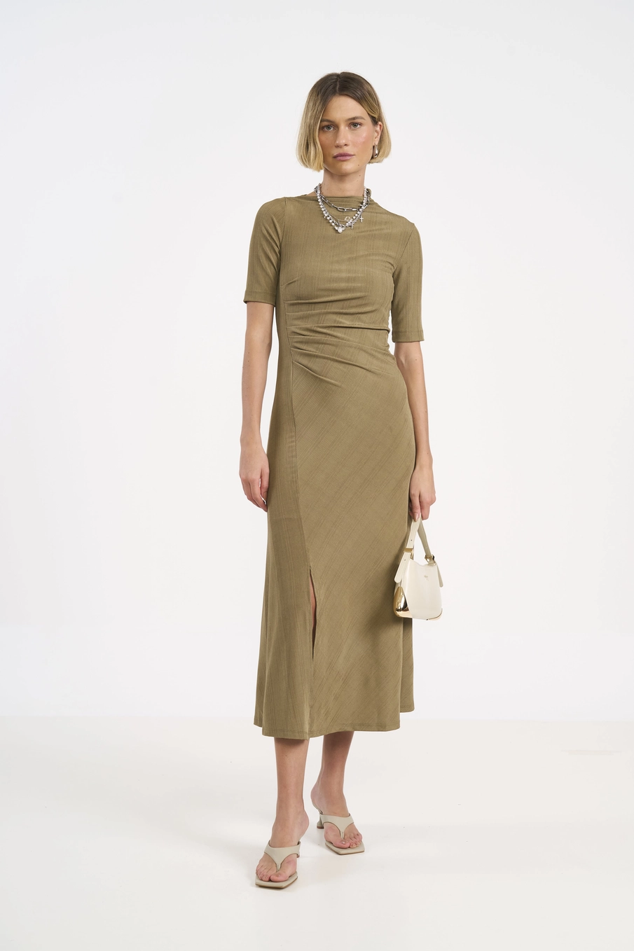 Vestido Midi Drapê Bege