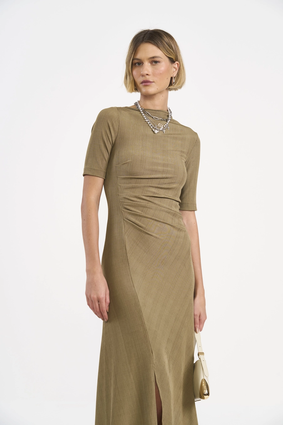 Vestido Midi Drapê Bege