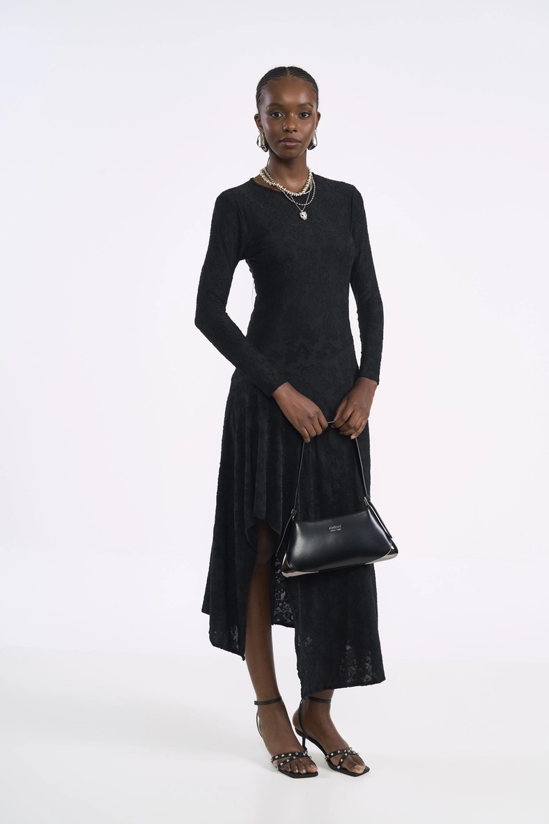 Vestido Midi Em Malha Rendada E Barra Com Fenda