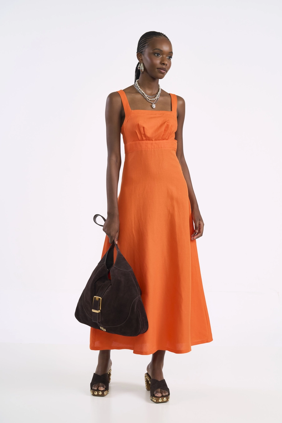 Vestido Maxi Viscose E Linho Laranja
