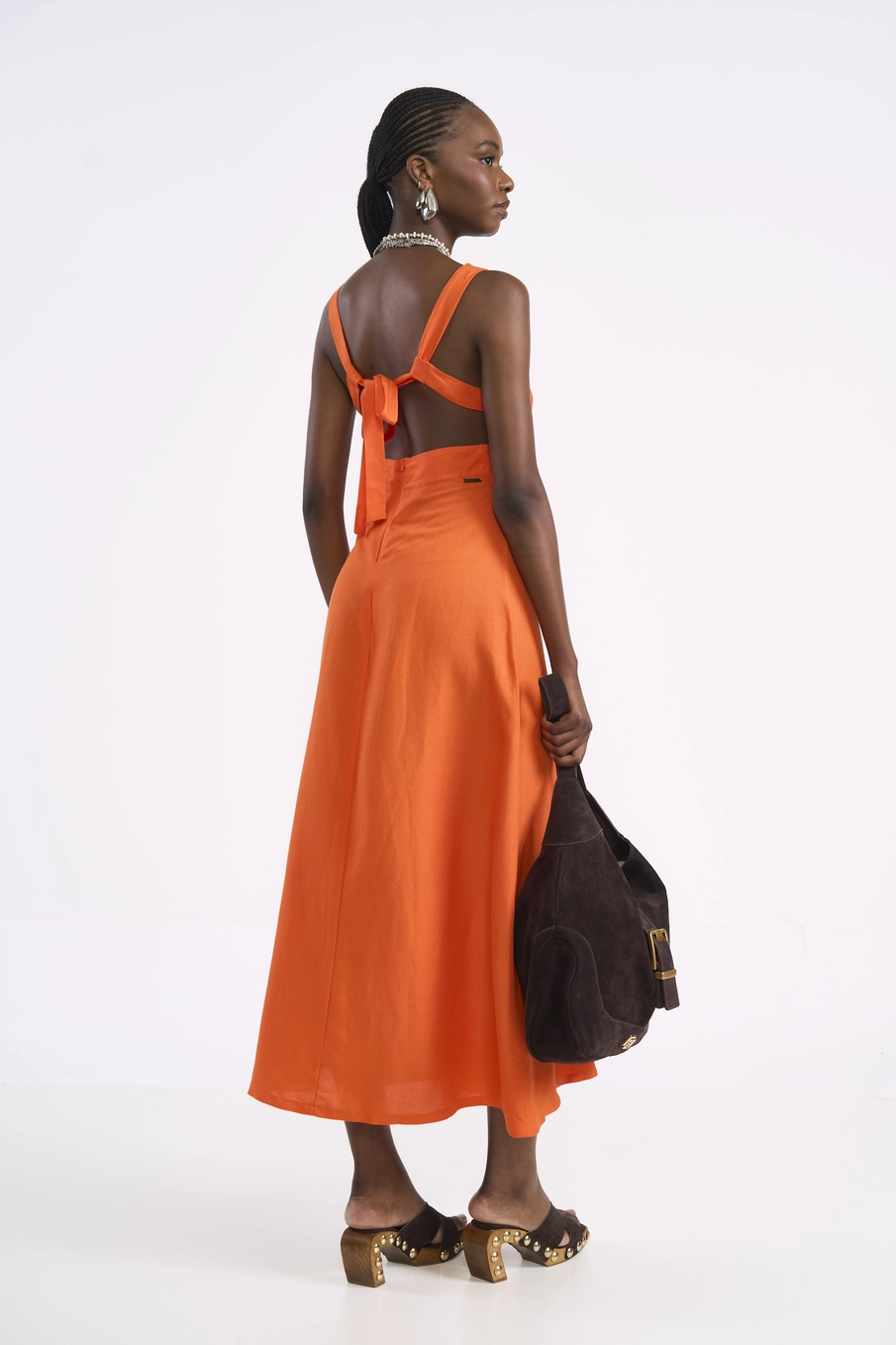 Vestido Maxi Viscose E Linho Laranja