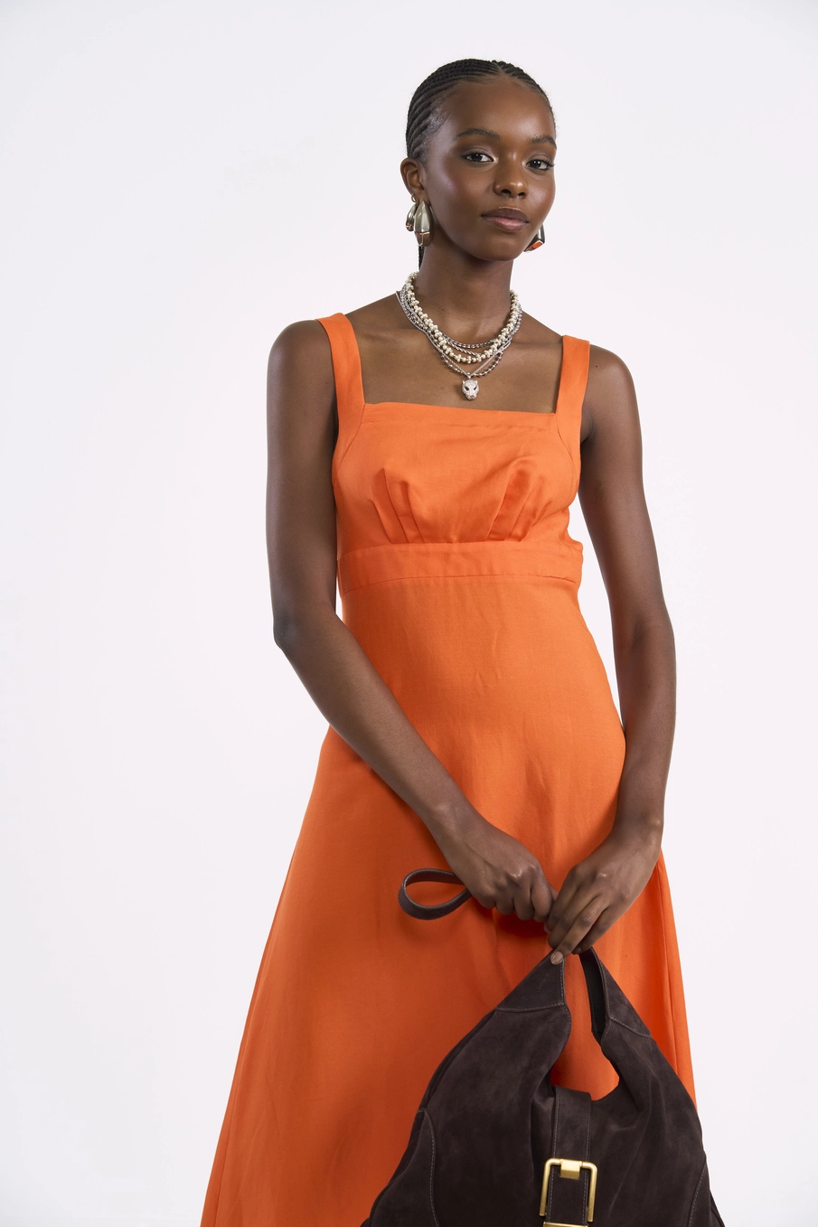 Vestido Maxi Viscose E Linho Laranja