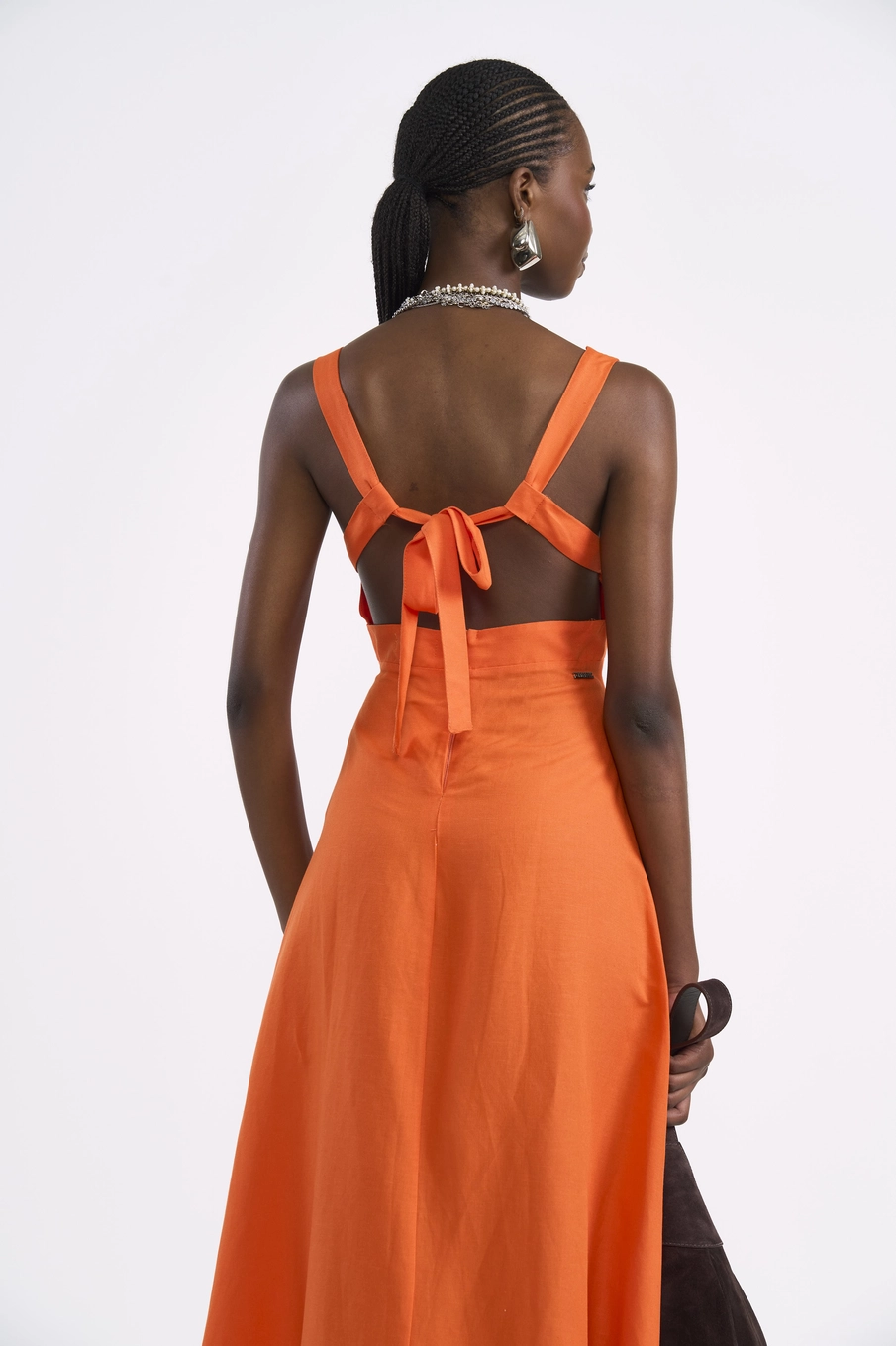 Vestido Maxi Viscose E Linho Laranja