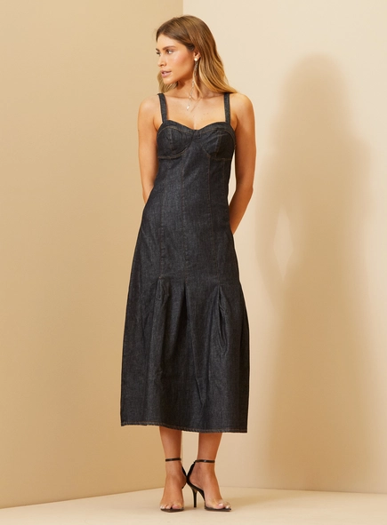 Vestido Midi Jeans Com Recortes
