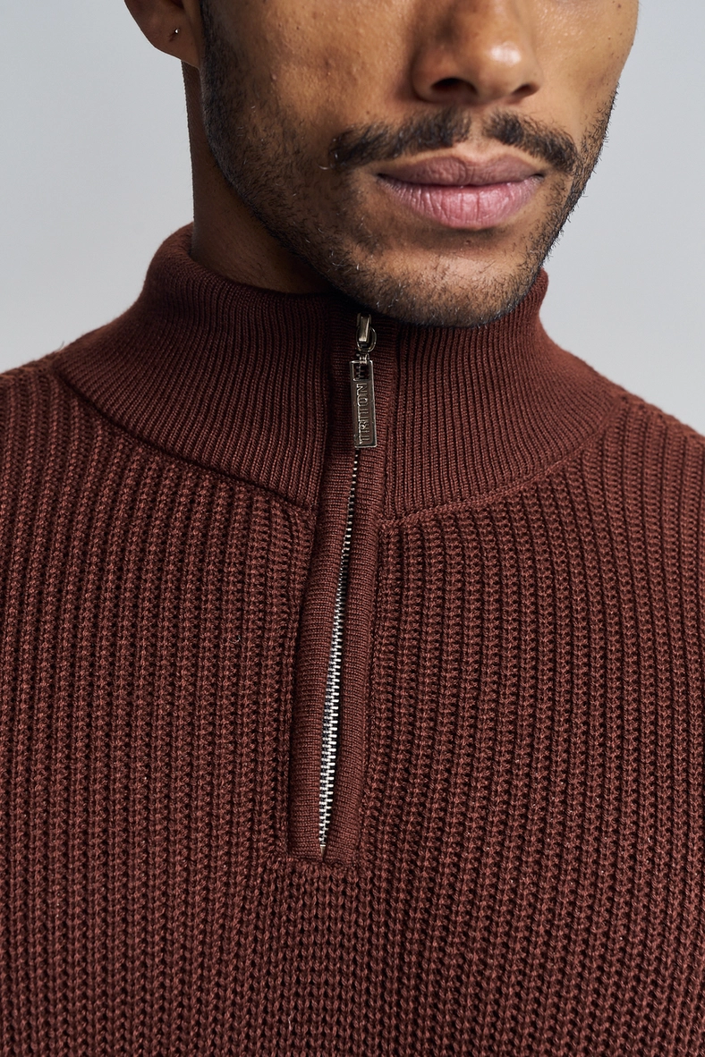 Suéter Masculino Em Tricot Com Zíper Marrom 4