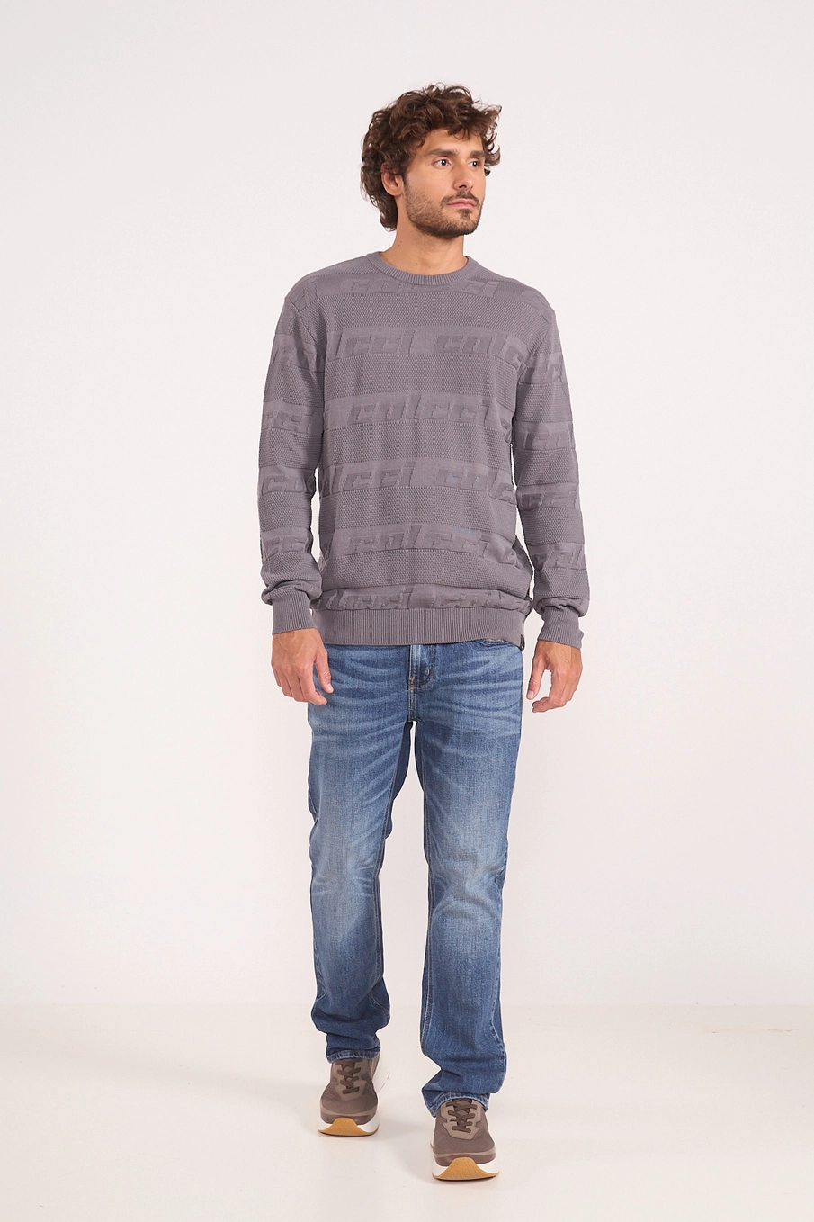 Suéter Em Tricô Jacquard Logo Cinza