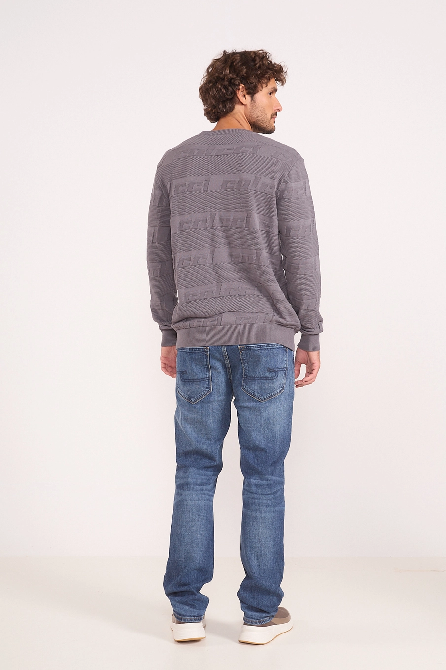 Suéter Em Tricô Jacquard Logo Cinza