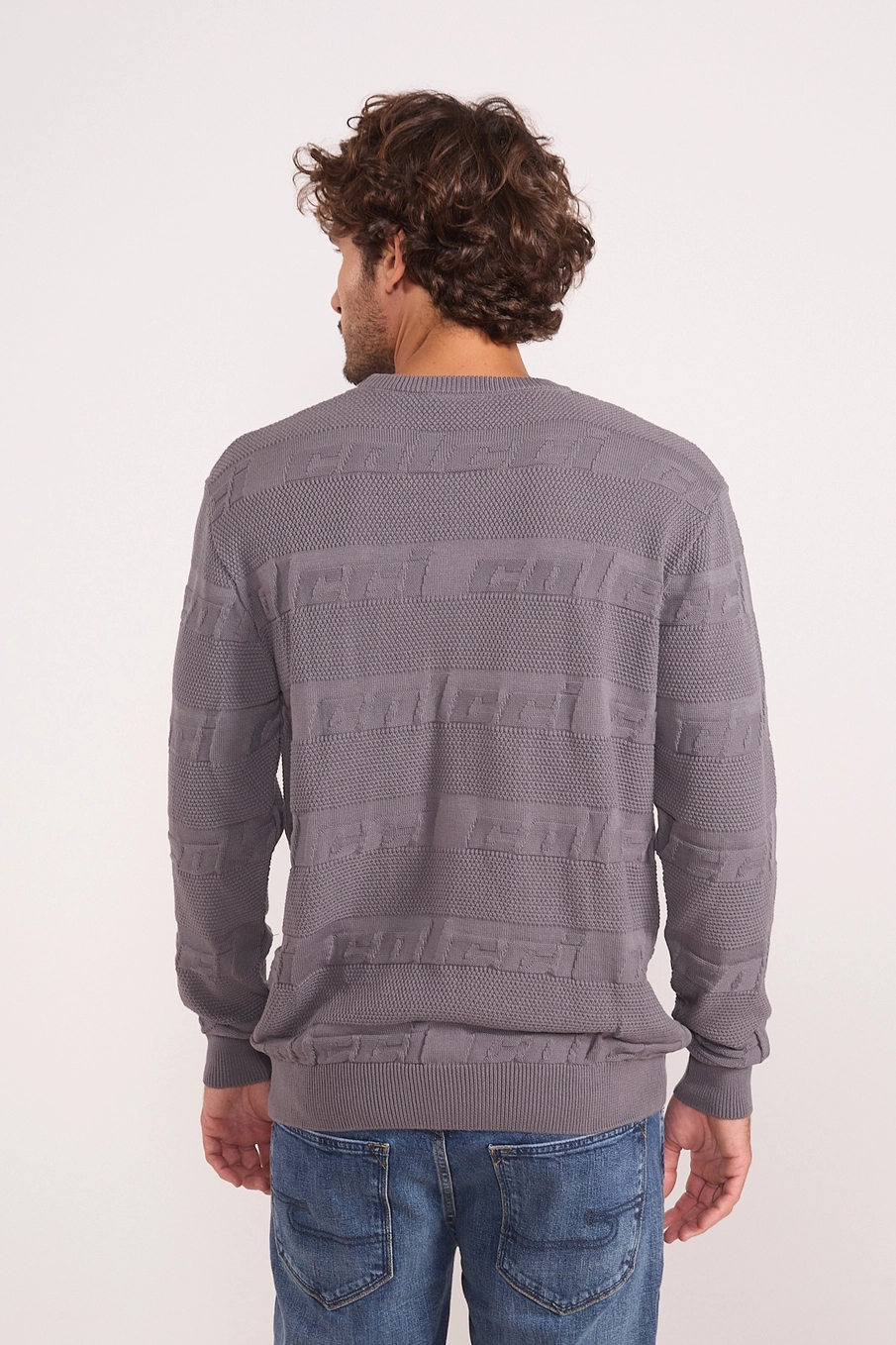 Suéter Em Tricô Jacquard Logo Cinza