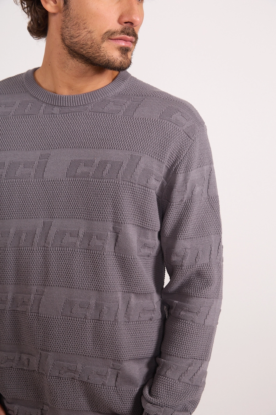 Suéter Em Tricô Jacquard Logo Cinza