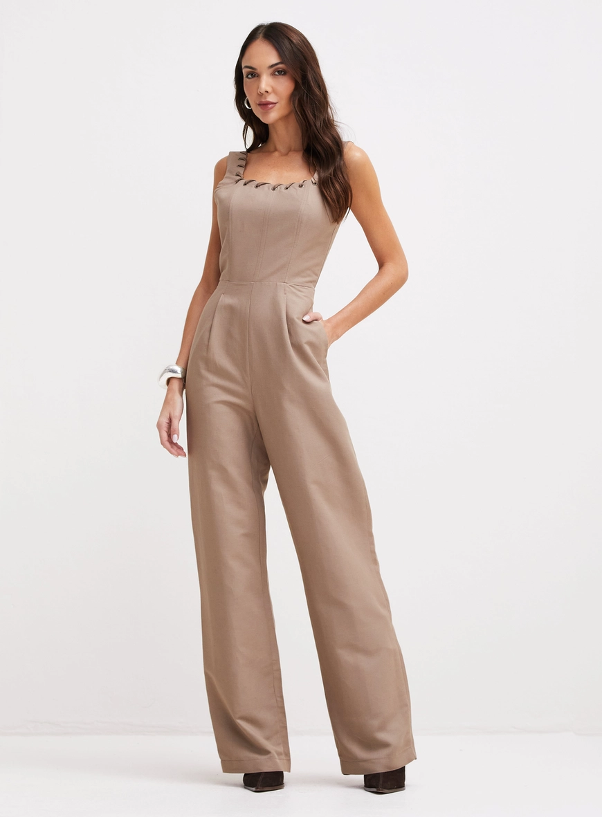 Macacão Pantalona Corset Com Detalhes Marrom
