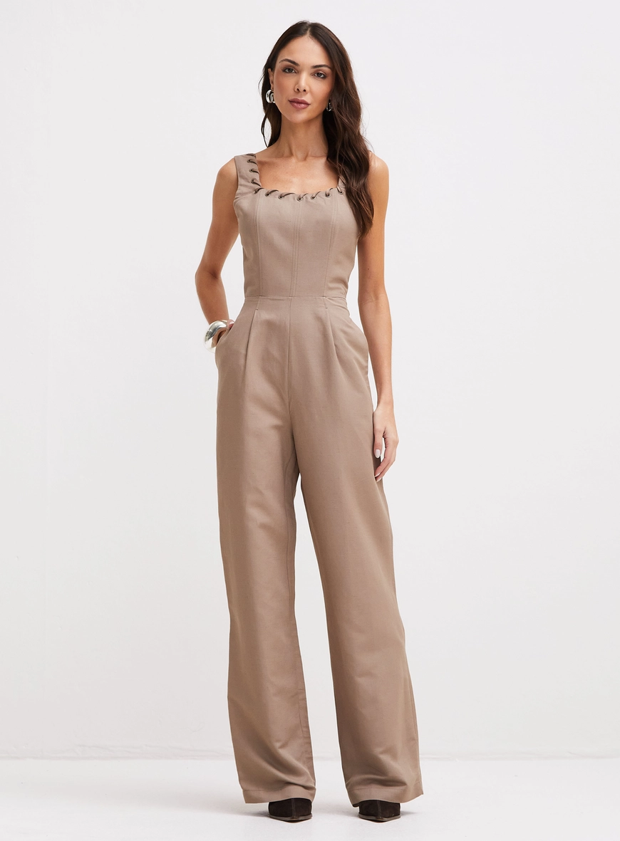 Macacão Pantalona Corset Com Detalhes Marrom