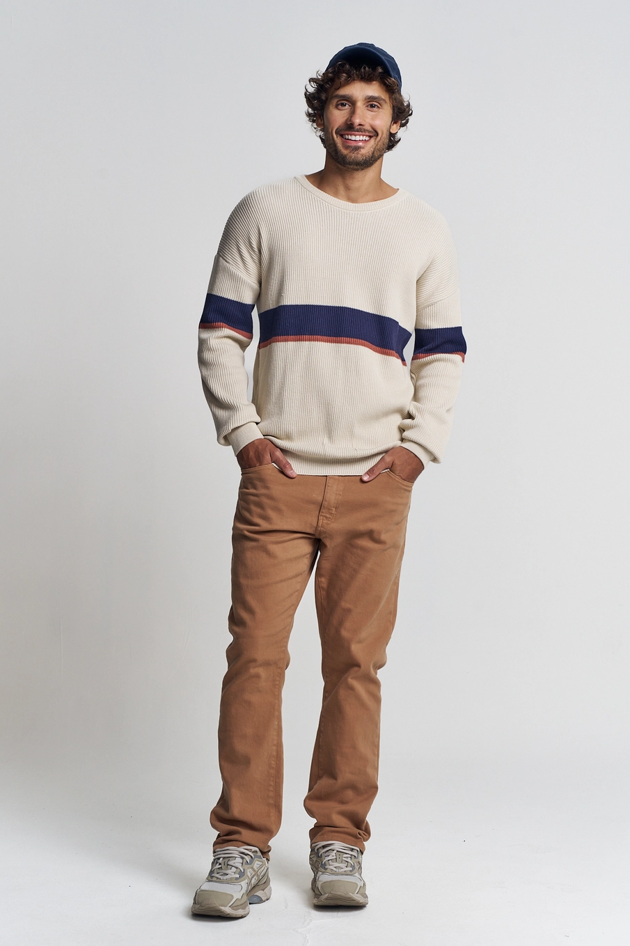 Suéter Masculino Tricô Com Listras - Fleece Bege 4