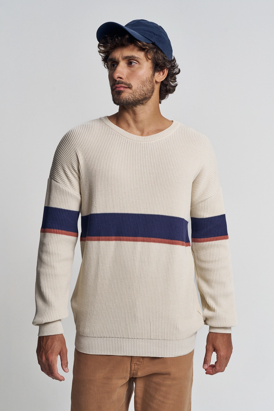 Suéter Masculino Tricô Com Listras - Fleece Bege 1