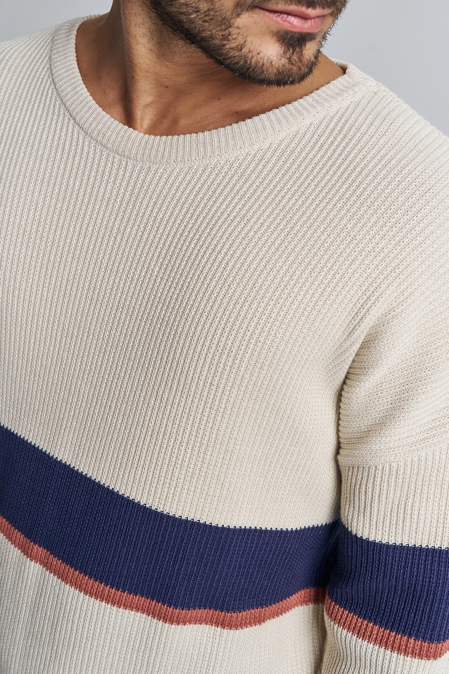 Suéter Masculino Tricô Com Listras - Fleece Bege 3