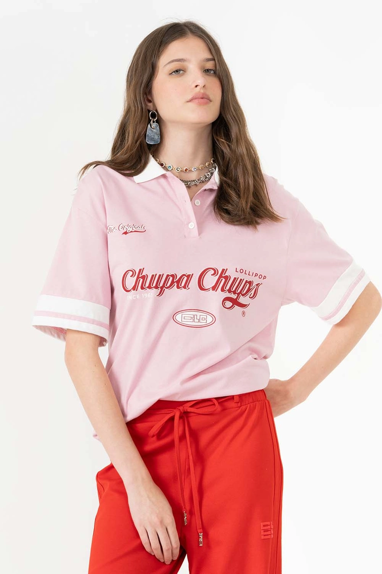 Polo Oversized Com Ombro Deslocado - Chupa Chups Rosa 1