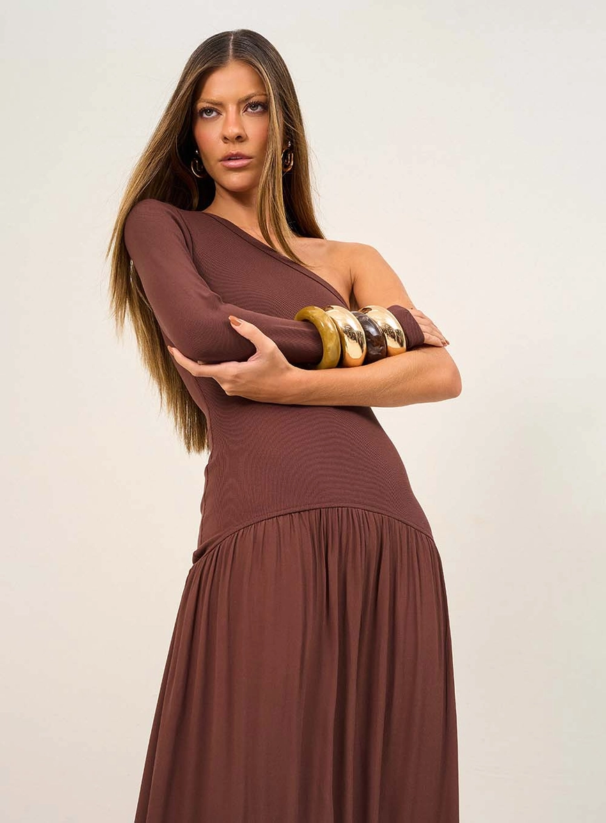 Vestido Longo Assimétrico Com Manga Única Marrom 4
