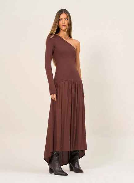 Vestido Longo Assimétrico Com Manga Única