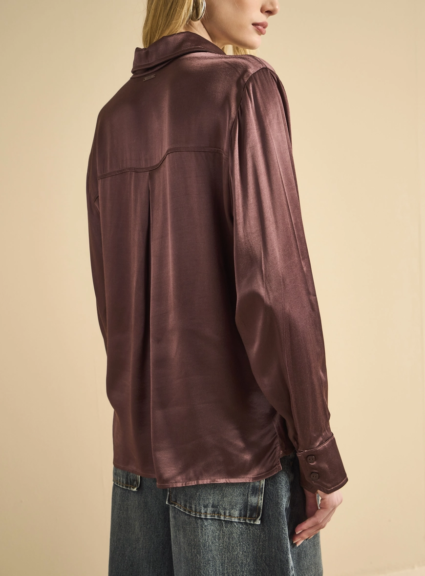 Camisa Feminina Quadrada Manga Longa Marrom