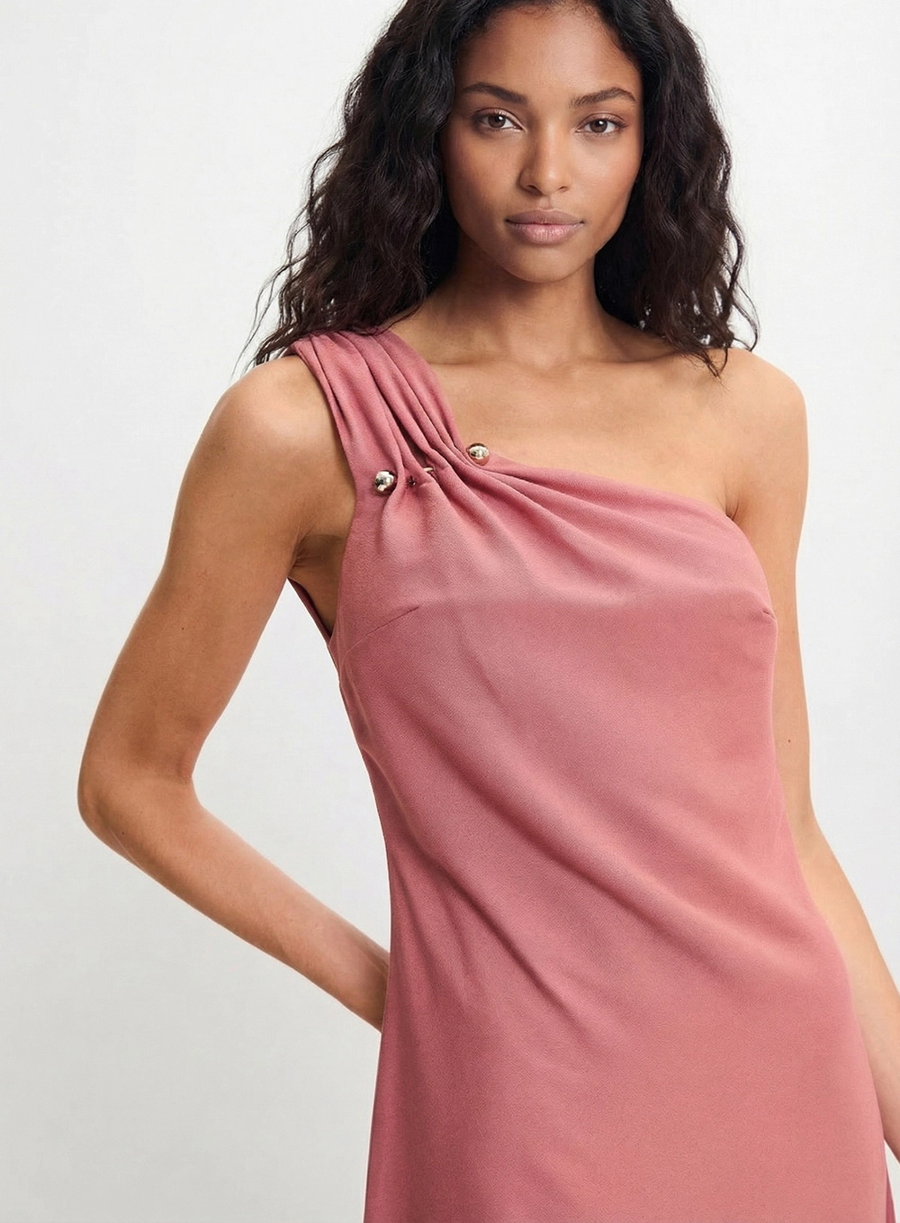 Vestido Midi Slim Um Ombro Só Rosa 4