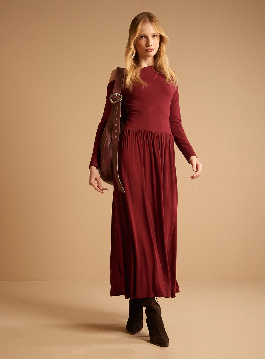 Vestido Longo Manga Longa Franzidos Bordô