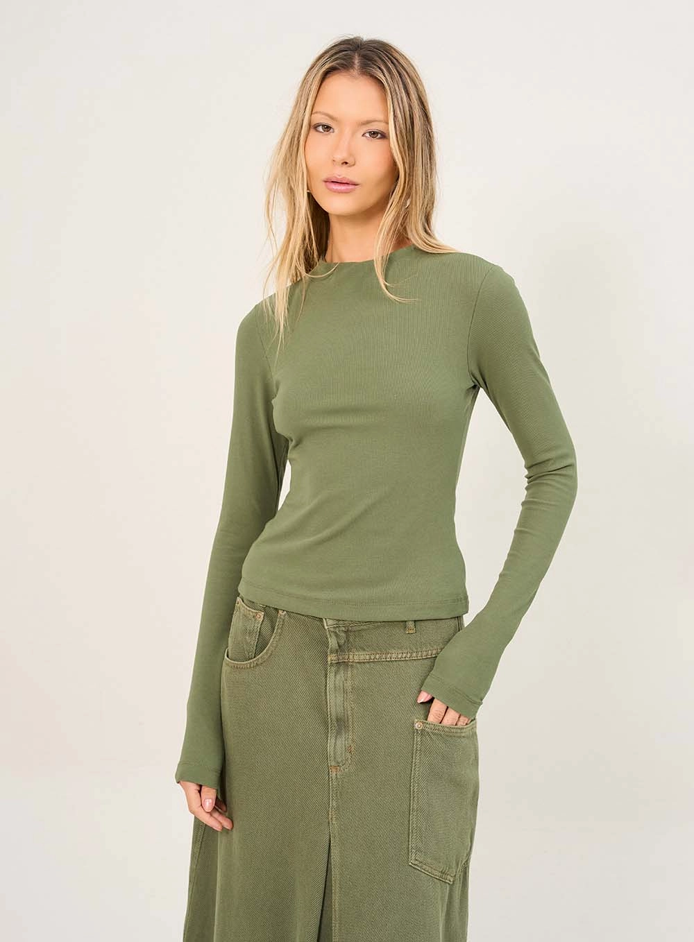 Blusa Feminina Manga Longa Canelada Verde 1