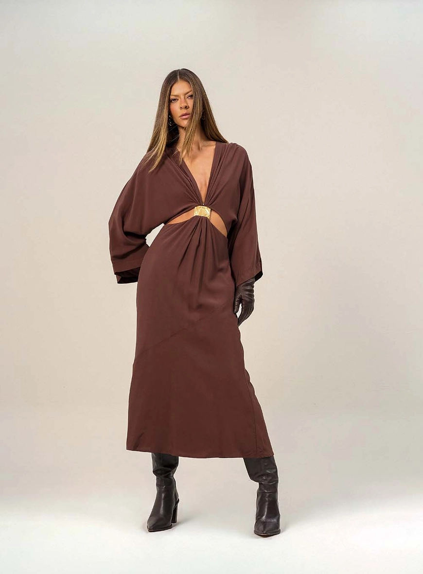 Vestido Midi Com Mangas Amplas Marrom 1