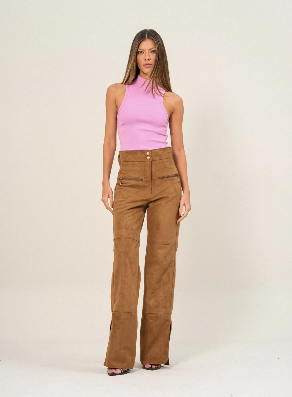 Calça Feminina Flare Com Zíper Marrom 1