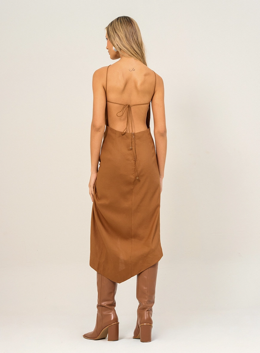 Vestido Midi Halter Com Nó Lateral Marrom 2