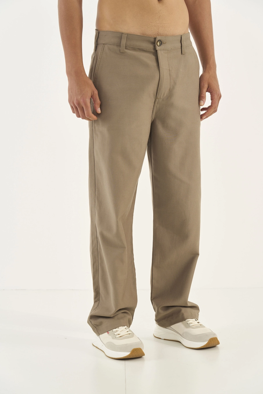 Calça Em Sarja Loose Bege Cinzas