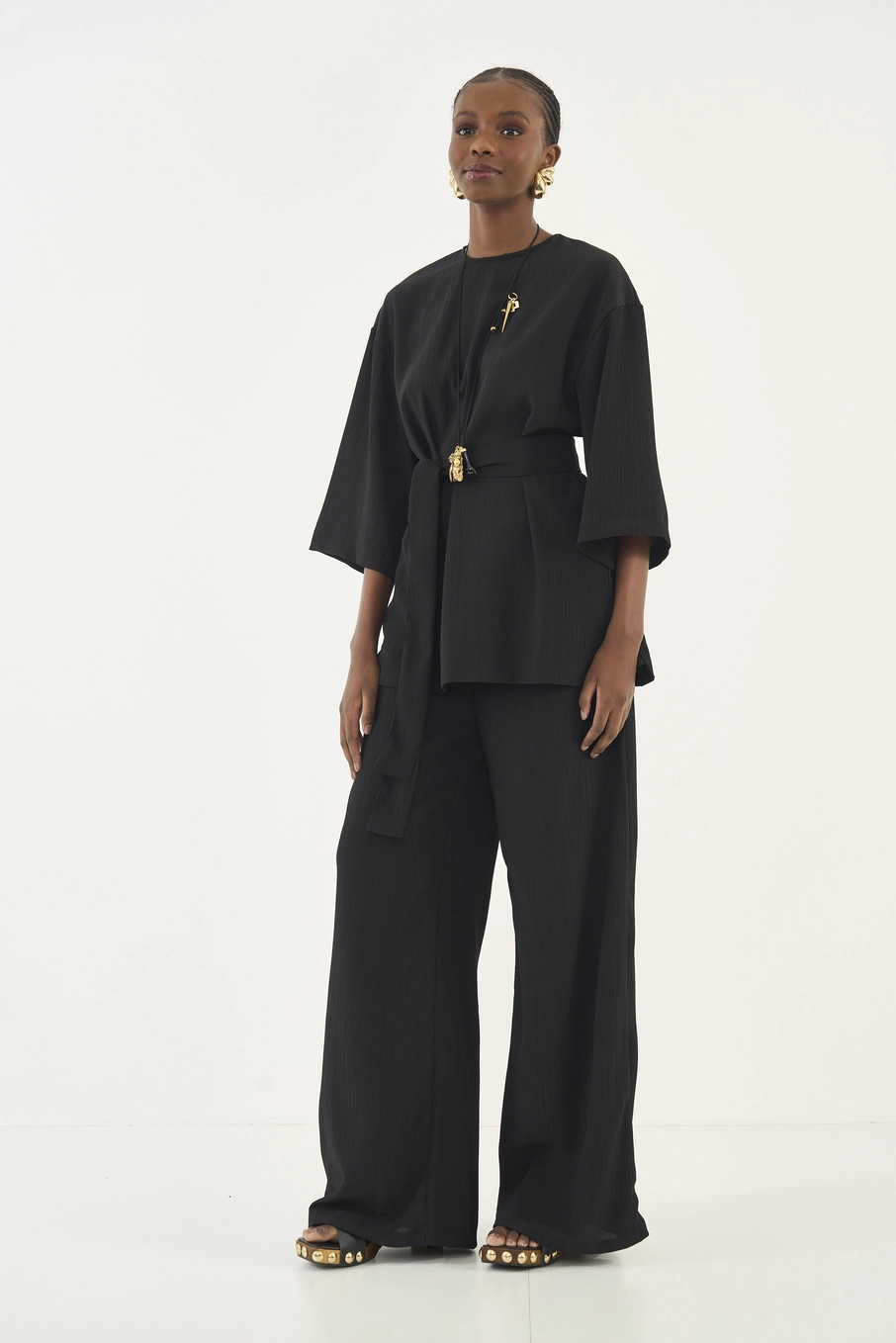 Calça Wide Leg Joana Cós Elástico Preto