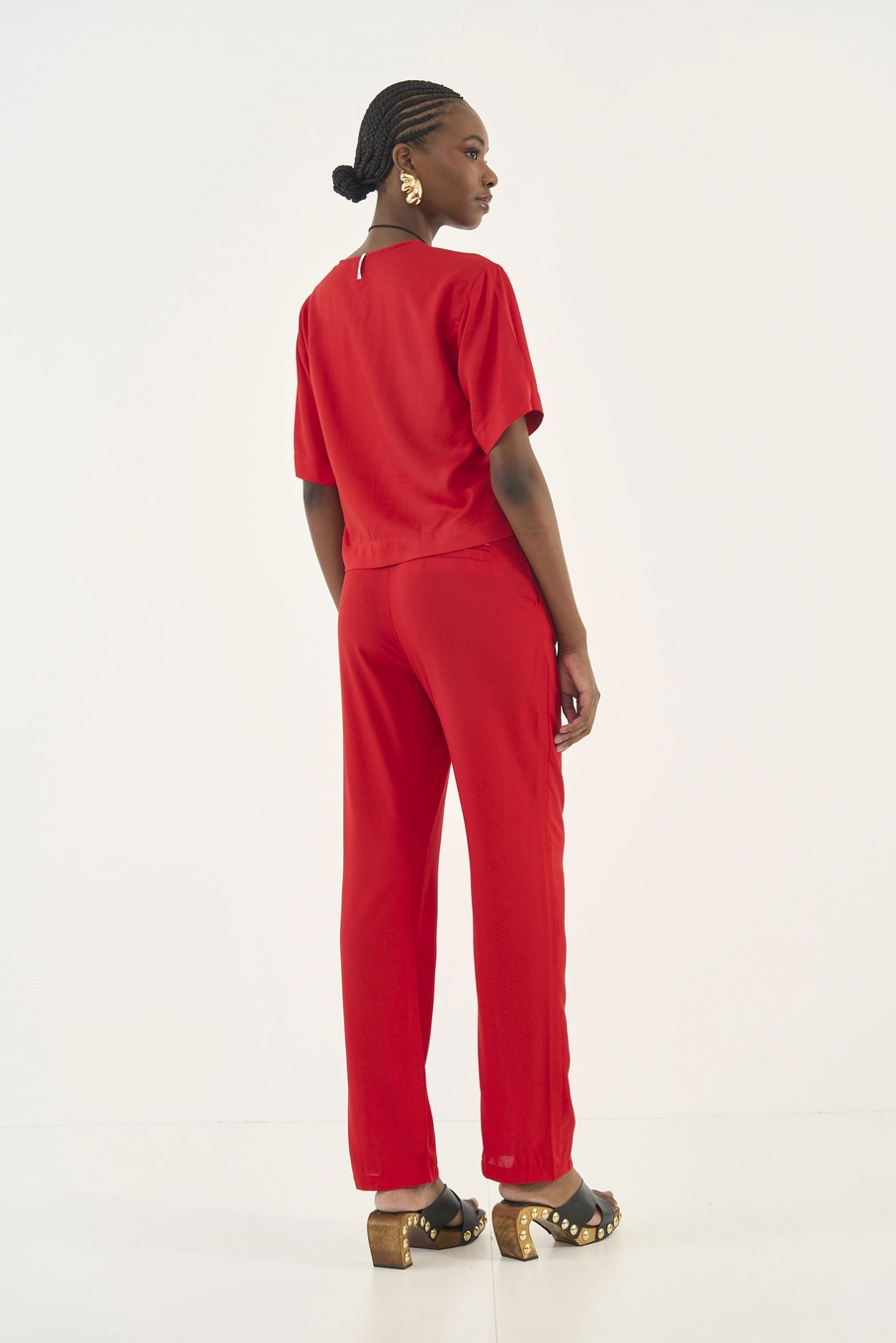 Calça Reta Com Faixa Para Amarração Vermelho
