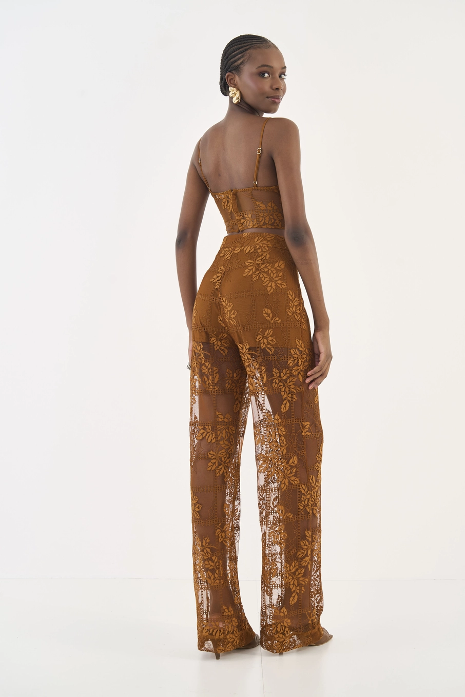 Calça Reta Em Renda Marrom