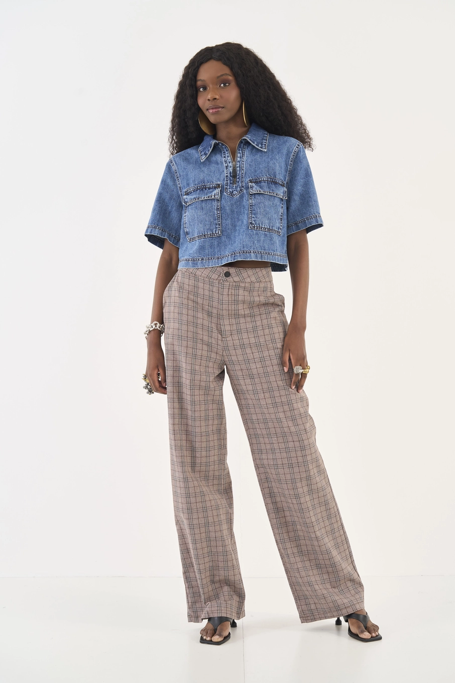 Calça Alfaiataria Xadrez Wide Leg Estampados