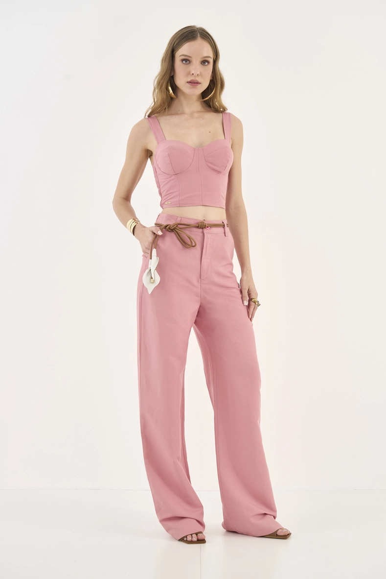 Calça Wide Leg Com Linho