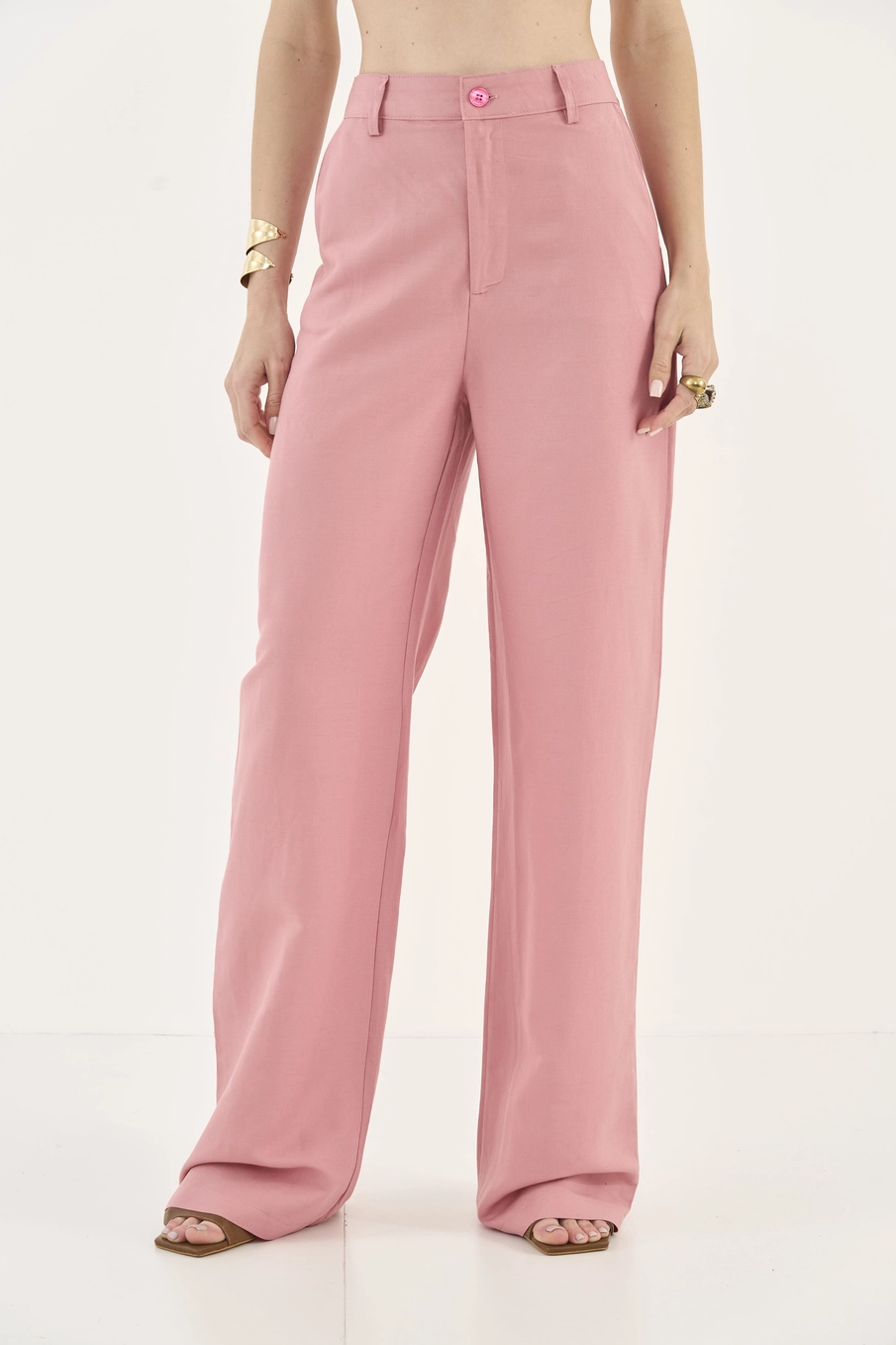 Calça Wide Leg Com Linho Rosa