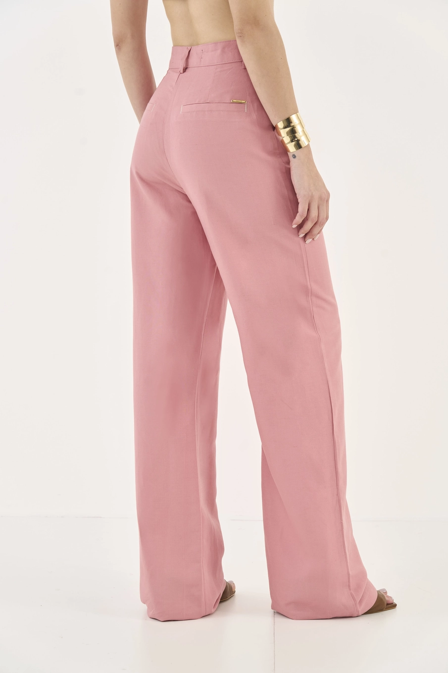 Calça Wide Leg Com Linho Rosa
