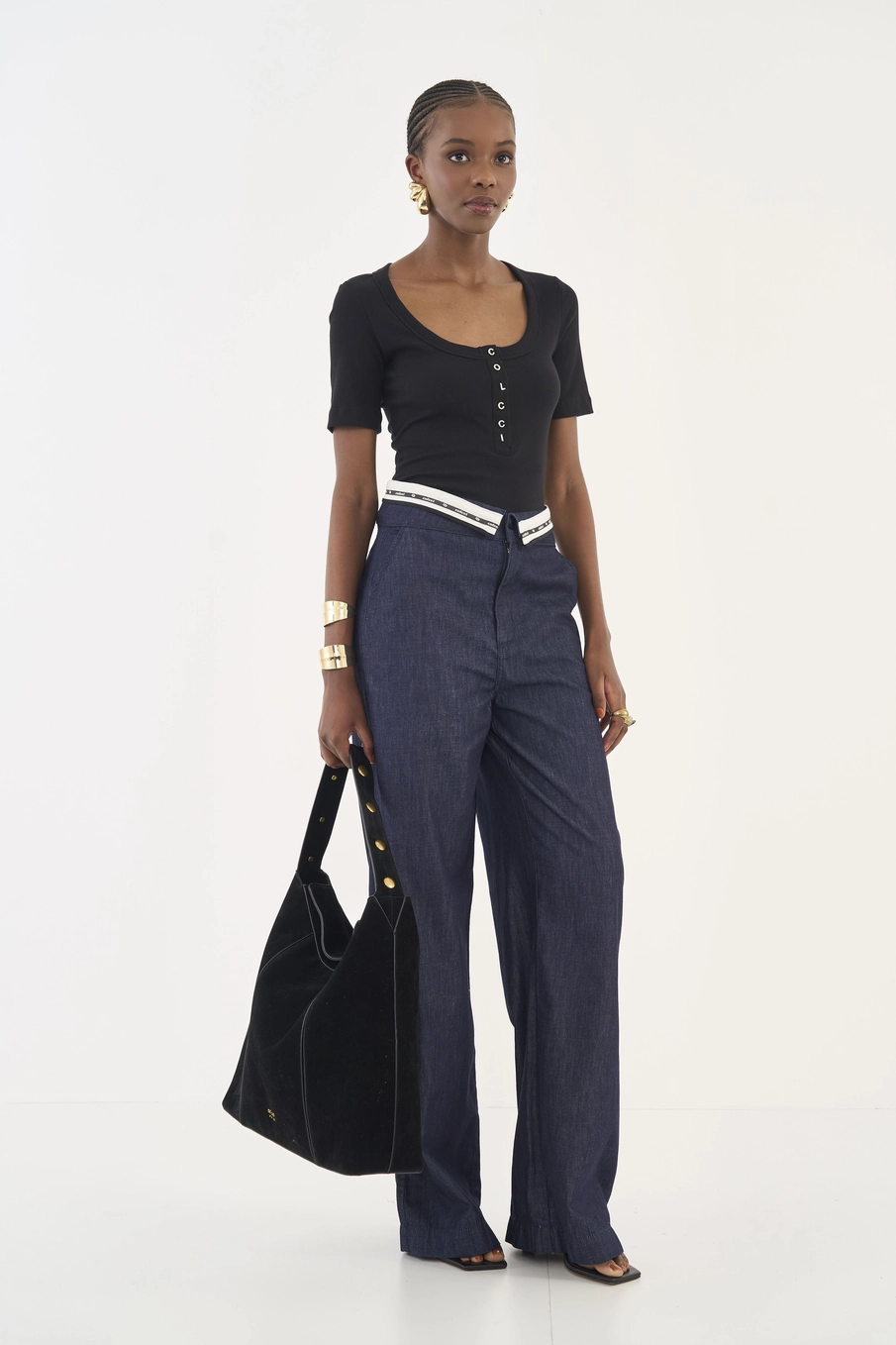 Calça Jeans Joana Wide Leg Cós Com Sobreposição Índigo