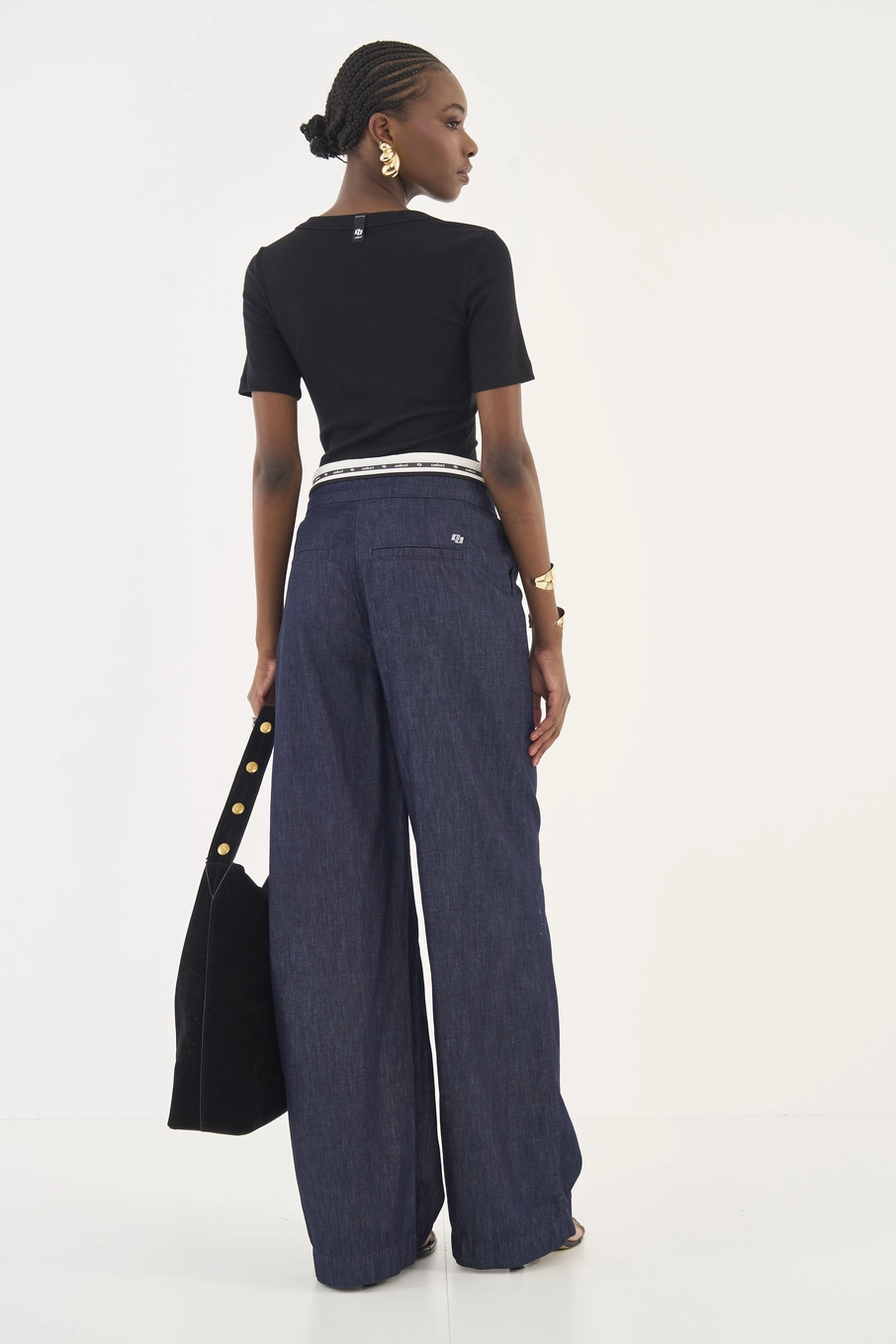 Calça Jeans Joana Wide Leg Cós Com Sobreposição Índigo